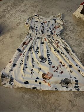 Girls Floral Tie-Shoulder Sundress in White with Blue & Pink Flowers
